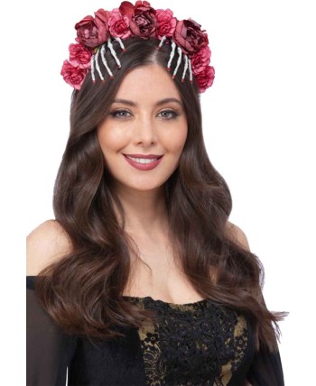 DIADEMA CALAVERA MEXICANA ROSAS Y MANO ESQUELETO