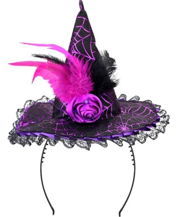 DIADEMA SOMBRERO BRUJA MORADO CON ROSA DE TELA