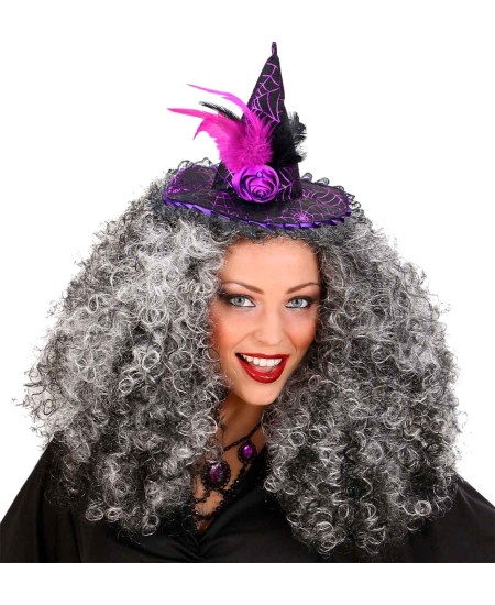 DIADEMA SOMBRERO BRUJA MORADO CON ROSA DE TELA