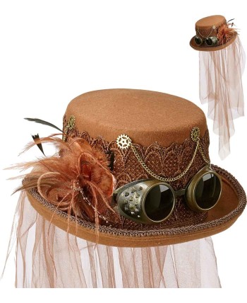 SOMBRERO STEAMPUNK DELUXE  CON GAFAS Y PLUMAS