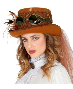 SOMBRERO STEAMPUNK DELUXE  CON GAFAS Y PLUMAS 2