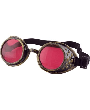 GAFAS STEAMPUNK DORADO CRISTALES ROJO