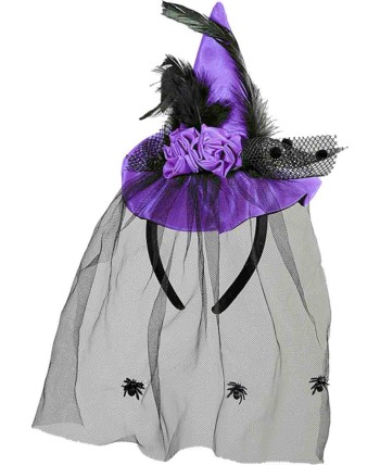 TOCADO DE GORRO DE BRUJA MORAD CON TUL ARAÑAS TOCADO DE GORRO DE BRUJA MORAD CON TUL ARAÑAS