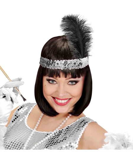 CINTA CHARLESTON PLATA CON PLUMA NEGRA