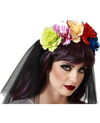 DIADEMA FLORES MULTICOLOR CON VELO
