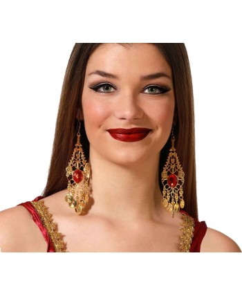 PENDIENTES DORADOS PERLA ROJA CON MONEDAS