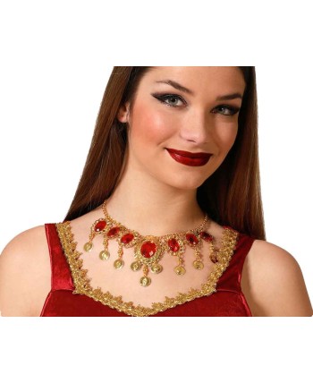 COLLAR DORADO PIEDRAS ROJAS CON MONEDAS