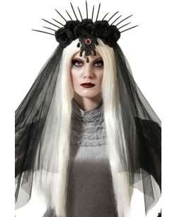 DIADEMA CATRINA CON ABALORIOS Y VELO