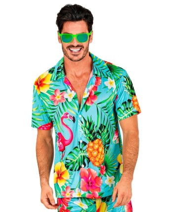 CAMISA HAWAIANA TURQUESA FLAMENCO PARA HOMBRE