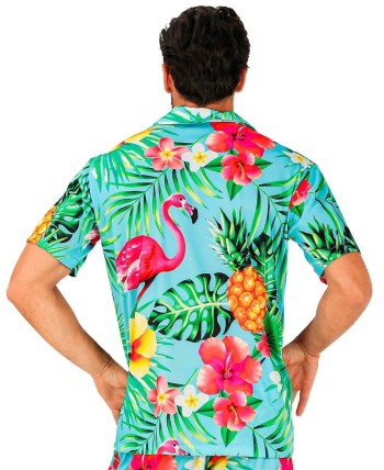 CAMISA HAWAIANA TURQUESA FLAMENCO PARA HOMBRE