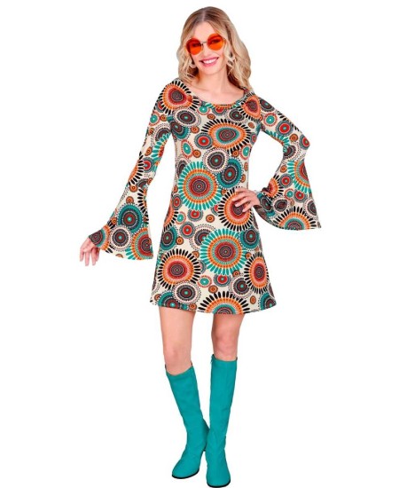 DISFRAZ DE AÑOS 70 VESTIDO PSICODELICO TURQUESA
