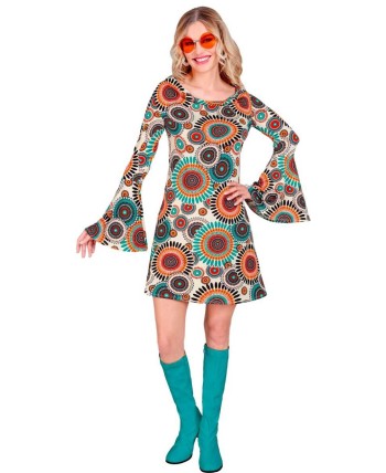 DISFRAZ DE AÑOS 70 VESTIDO PSICODELICO TURQUESA