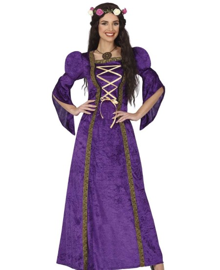 DISFRAZ DE PRINCESA MEDIEVAL VIOLETA CINTAS DORADAS