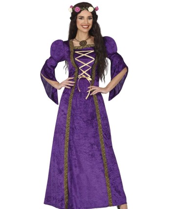 DISFRAZ DE PRINCESA MEDIEVAL VIOLETA CINTAS DORADAS