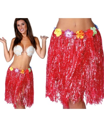 FALDA HAWAIANA ROJA CORTA CON FLORES