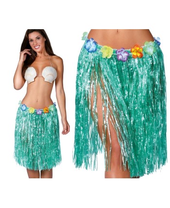 FALDA HAWAIANA VERDE CORTA CON FLORES