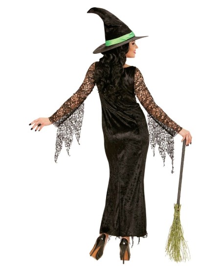 DISFRAZ DE BRUJA NEGRA CON TELARAÑAS Y BROCHE