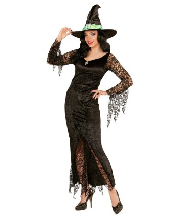DISFRAZ DE BRUJA NEGRA CON TELARAÑAS Y BROCHE DISFRAZ DE BRUJA NEGRA CON TELARAÑAS Y BROCHE