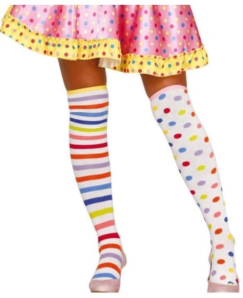 MEDIAS MEDIO MUSLO PAYASITA CON TOPOS Y RAYAS DE COLORES