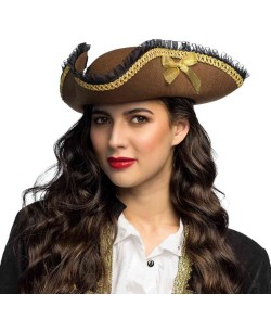 SOMBRERO PIRATA MARRON CON LAZO DORADO