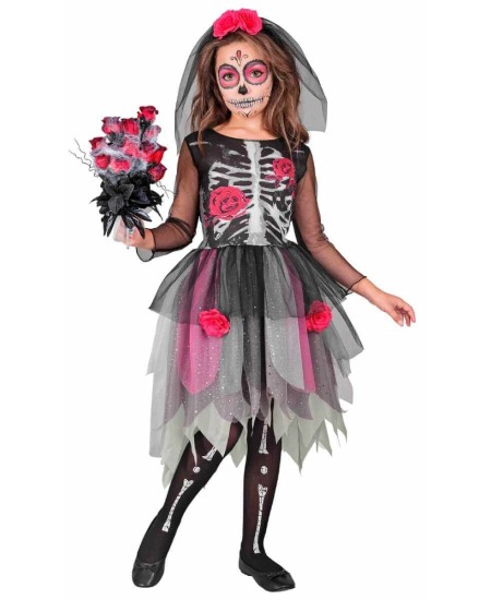 DISFRAZ DE CATRINA TUL ROSA PARA NIÑA