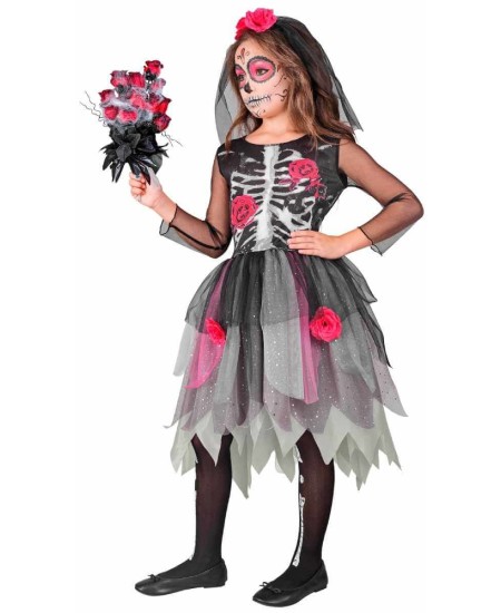 DISFRAZ DE CATRINA TUL ROSA PARA NIÑA