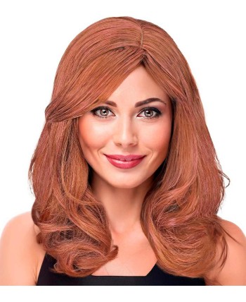 PELUCA CASTAÑA MECHA ROSA FLEQUILLO LATERAL