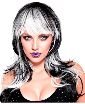 PELUCA NEGRA Y BLANCA LISA CON MECHAS