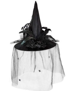SOMBRERO DE BRUJA NEGRO CON TUL Y PLUMAS 2