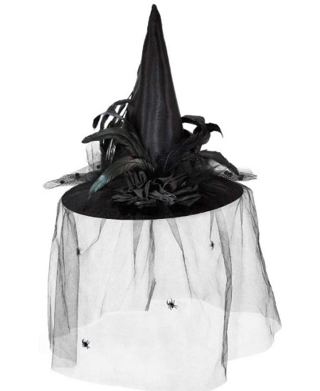 SOMBRERO DE BRUJA NEGRO CON TUL Y PLUMAS