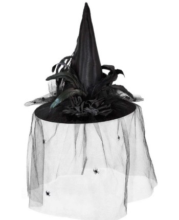 SOMBRERO DE BRUJA NEGRO CON TUL Y PLUMAS