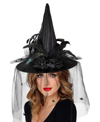 SOMBRERO DE BRUJA NEGRO CON TUL Y PLUMAS