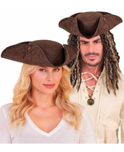 SOMBRERO TRICORNIO PIRATA MARRON CON CRUZ NEGRAS