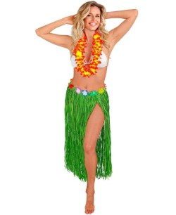 FALDA HAWAIANA VERDE LARGA CON FLORES 2