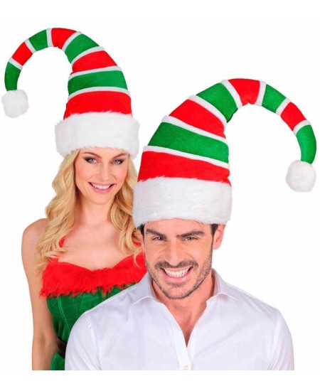 SOMBRERO ELFO ROJO Y VERDE RAYAS POMPON BLANCO