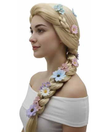 PELUCA TRENZA RUBIA CON FLORES