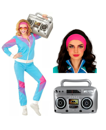 CONJUNTO DISFRAZ AÑOS 80 CHANDAL CON RADIO HINCHABLE Y CINTA ROSA