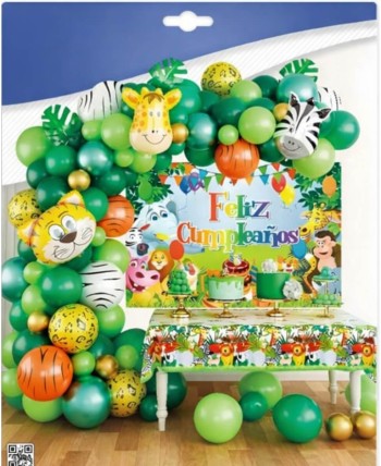 SET GLOBOS JUNGLA CON CARTEL FELIZ CUMPLE