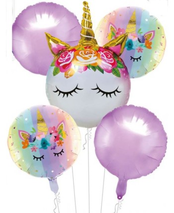 BOUQUET DE GLOBOS UNICORNIO CARA ARCOIRIS Y GLOBOS LILAS