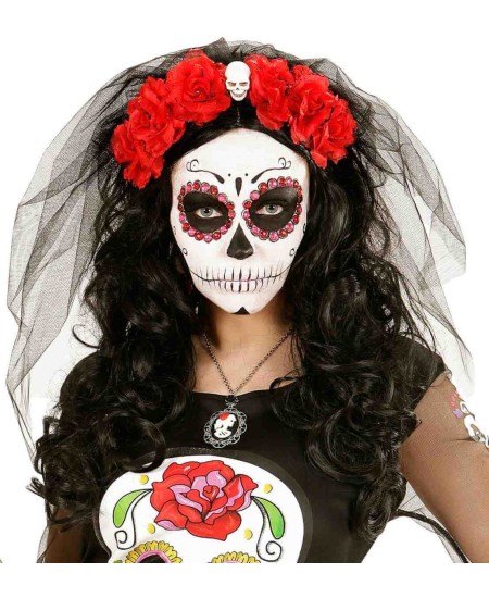 VELO NEGRO CON ROSAS ROJAS CALAVERA MEJICANA
