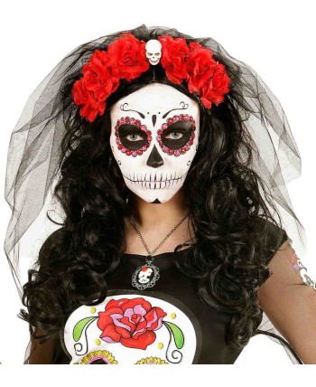 VELO NEGRO CON ROSAS ROJAS CALAVERA MEJICANA