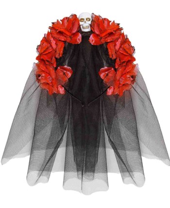 VELO NEGRO CON ROSAS ROJAS CALAVERA MEJICANA