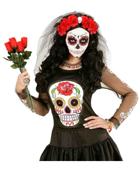 VELO NEGRO CON ROSAS ROJAS CALAVERA MEJICANA