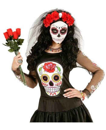VELO NEGRO CON ROSAS ROJAS CALAVERA MEJICANA