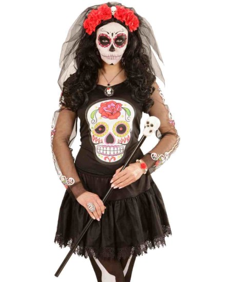 VELO NEGRO CON ROSAS ROJAS CALAVERA MEJICANA