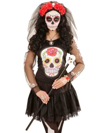 VELO NEGRO CON ROSAS ROJAS CALAVERA MEJICANA