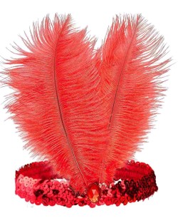 CINTA CHARLESTON ROJA CON PERLA Y 2 PLUMAS