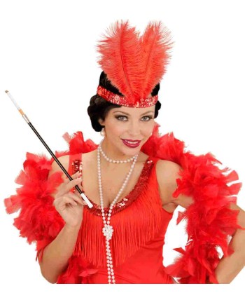 CINTA CHARLESTON ROJA CON PERLA Y 2 PLUMAS