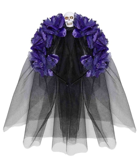 VELO NEGRO CON ROSAS MORADAS CALAVERA MEJICANA
