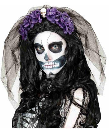 VELO NEGRO CON ROSAS MORADAS CALAVERA MEJICANA